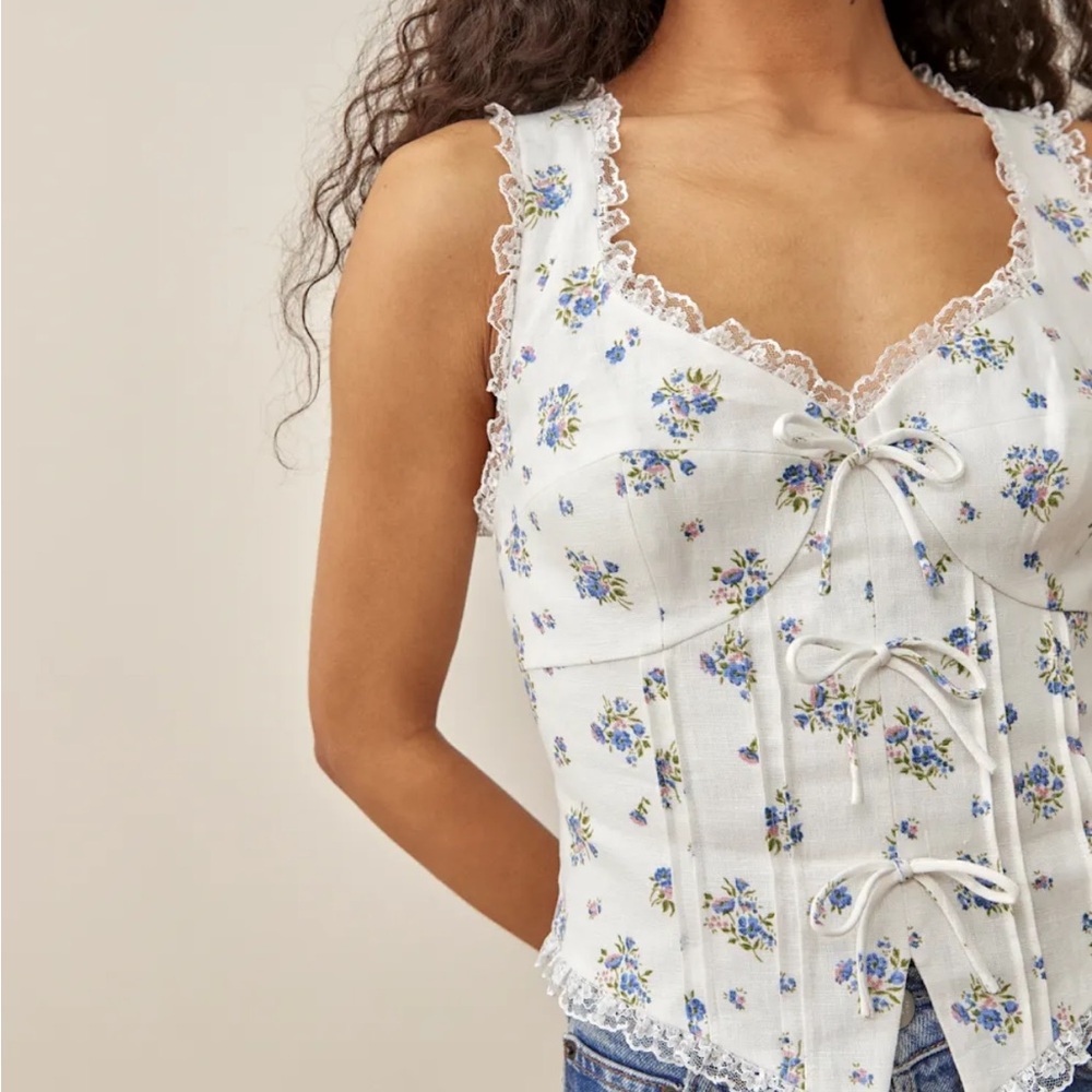 Corset style Floral Lace-Trimmed White Top